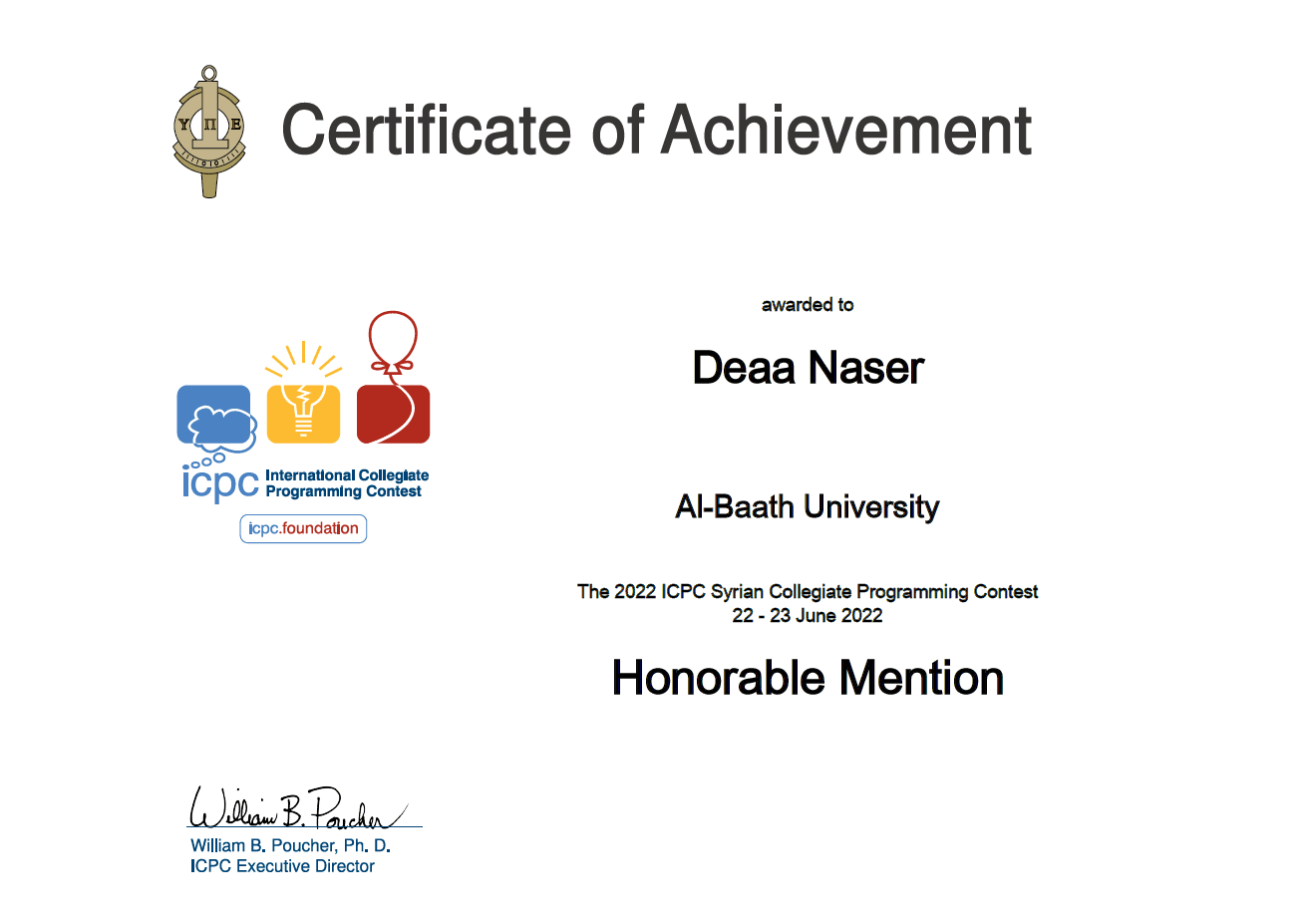 Certificate: Syrian College Programming Contest 2022