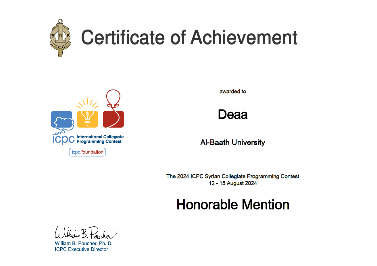 Certificate: Syrian College Programming Contest 2024